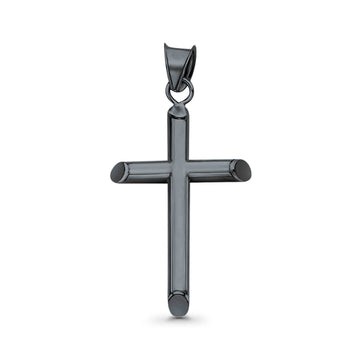 Solid Plain Black Tone, Cross Charm Pendant 925 Sterling Silver (21mm)